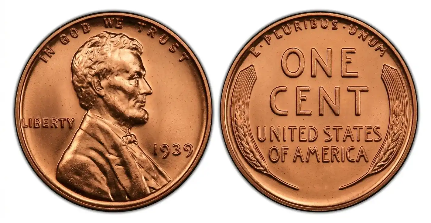 Minimalist close-up of a 1939 penny with strong relief detail and copper shine