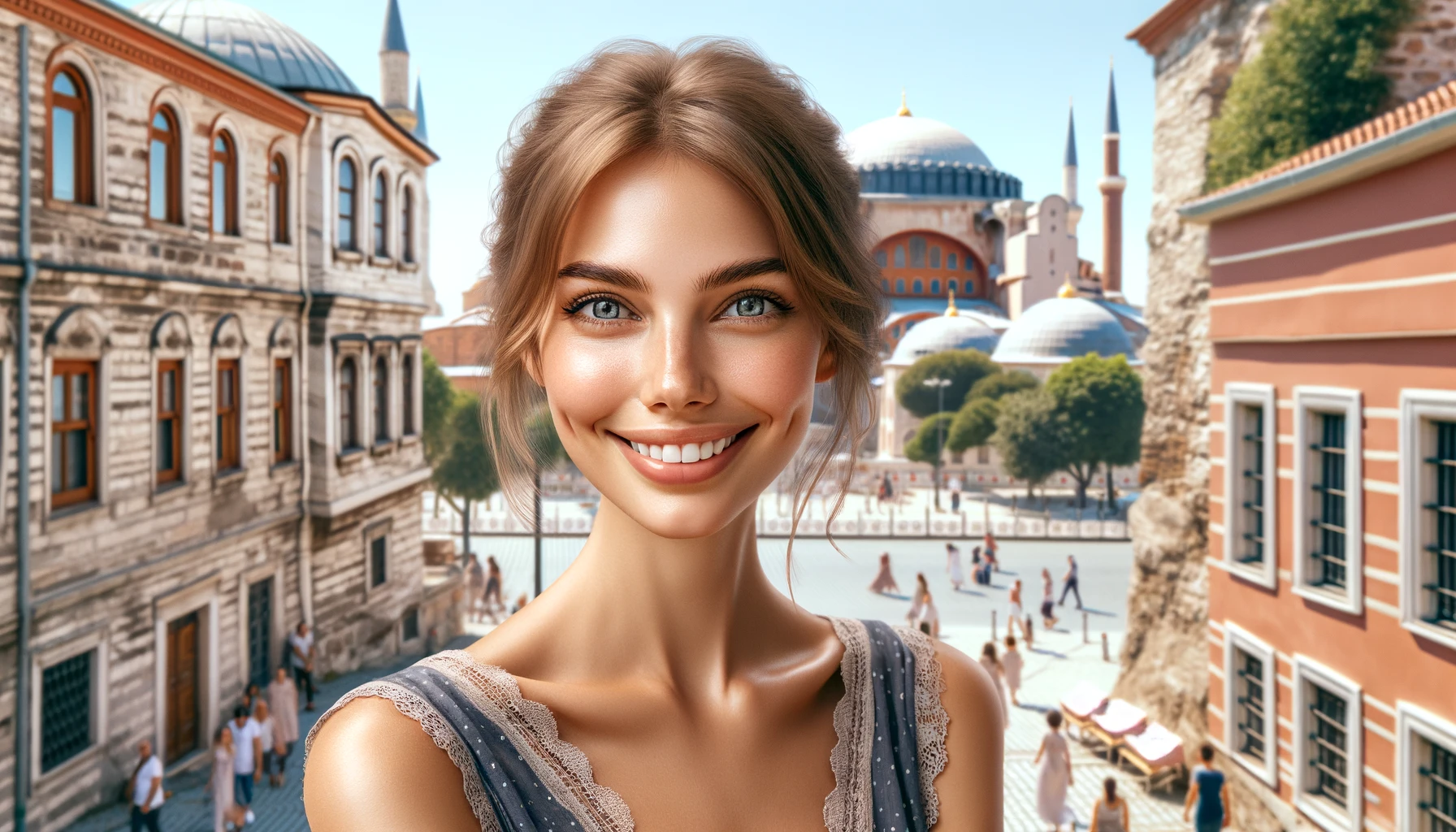 a smiling French woman in Turkey, standing in a picturesque Istanbul setting with the Hagia Sophia in the background.