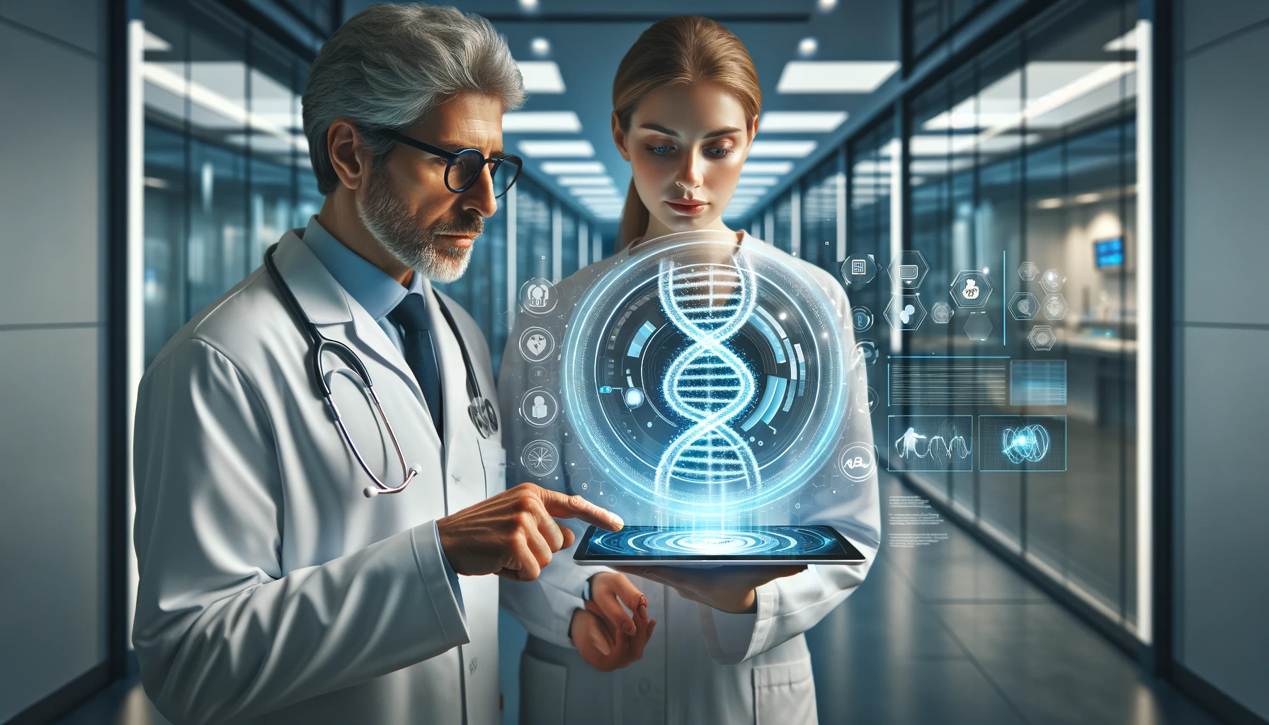 doctor and a woman interacting with a tablet in a hospital setting, displaying a holographic user interface (UX) for telehealth, medical innovation, and DNA study.