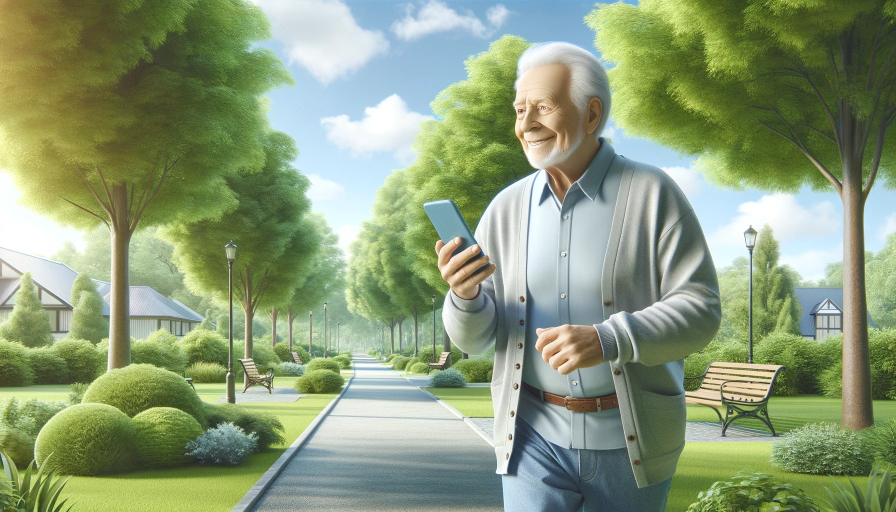 an elderly man smiling and holding his phone during a walk in a park on a sunny day. 