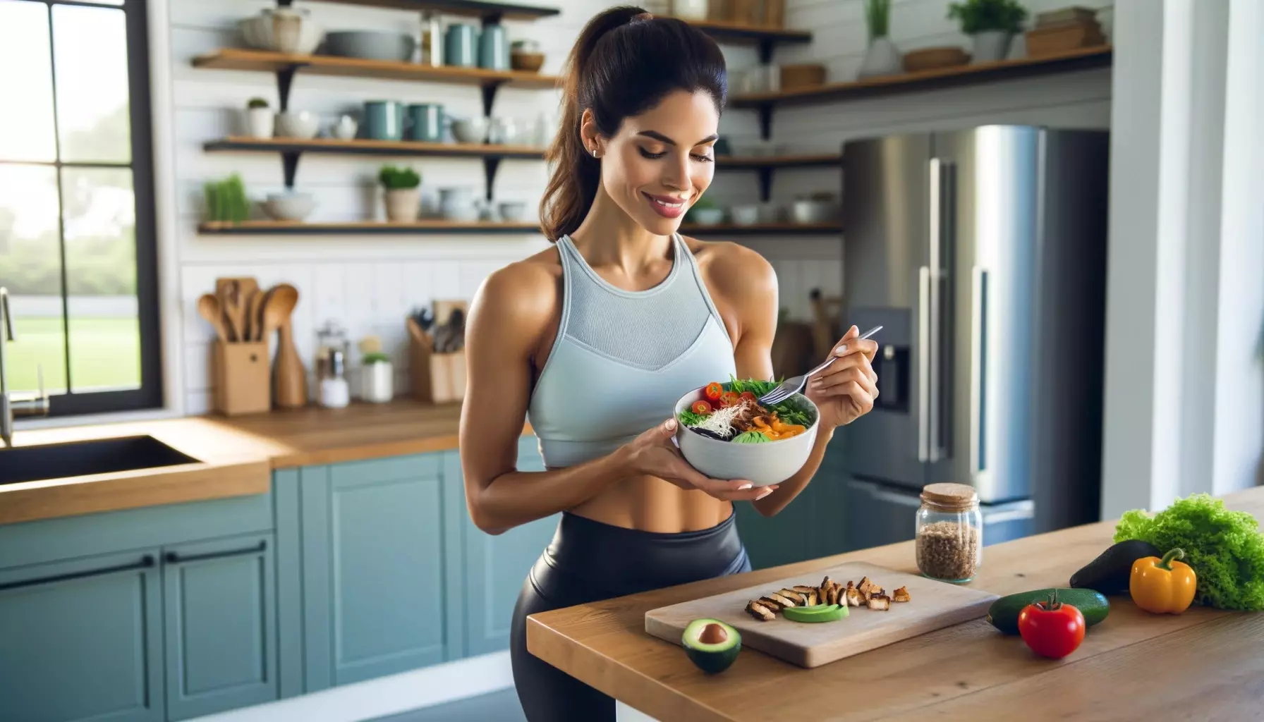 training woman eating healthy in kitchen