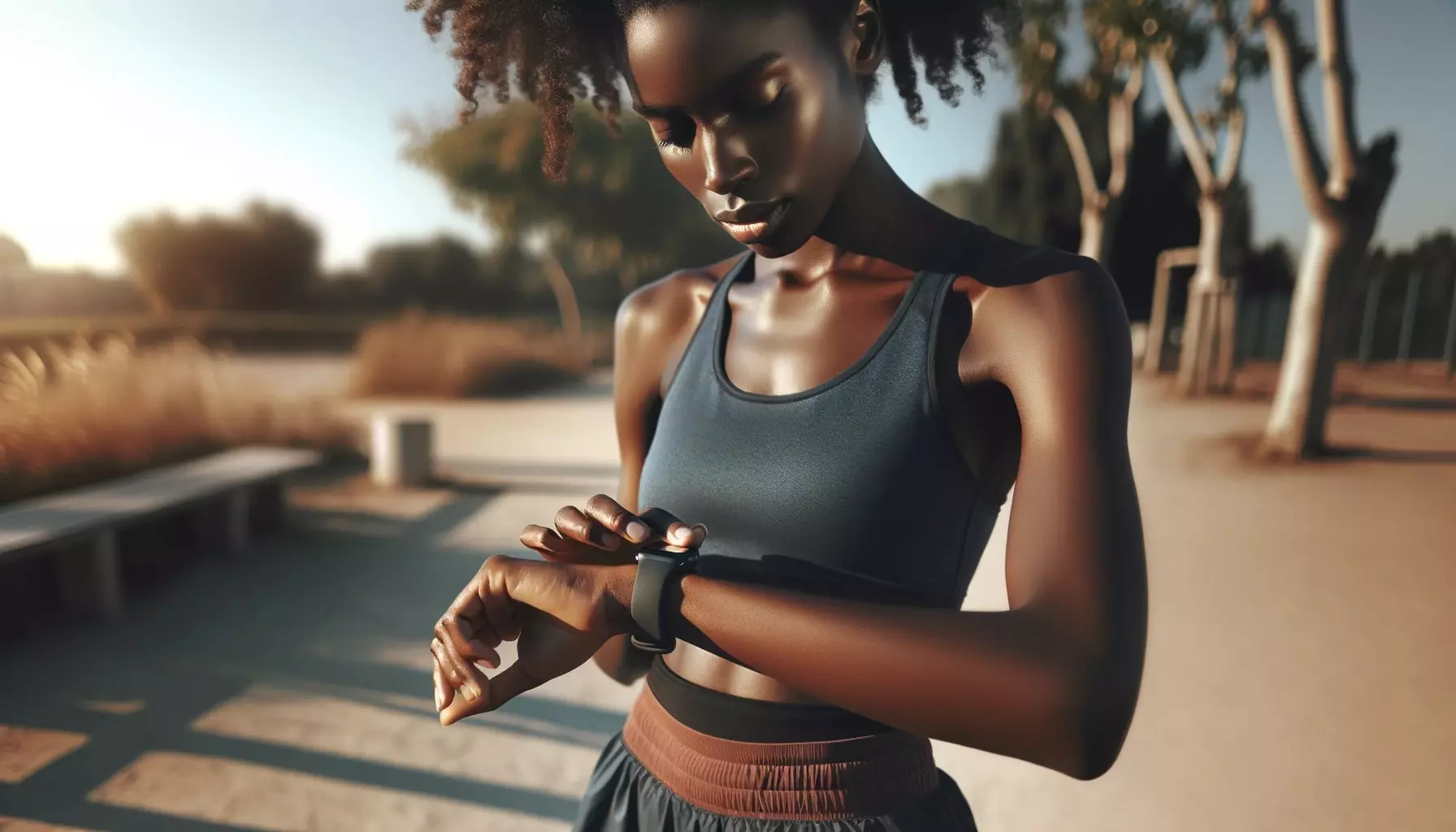 young afro American woman check her hearth pulse after morning jogging