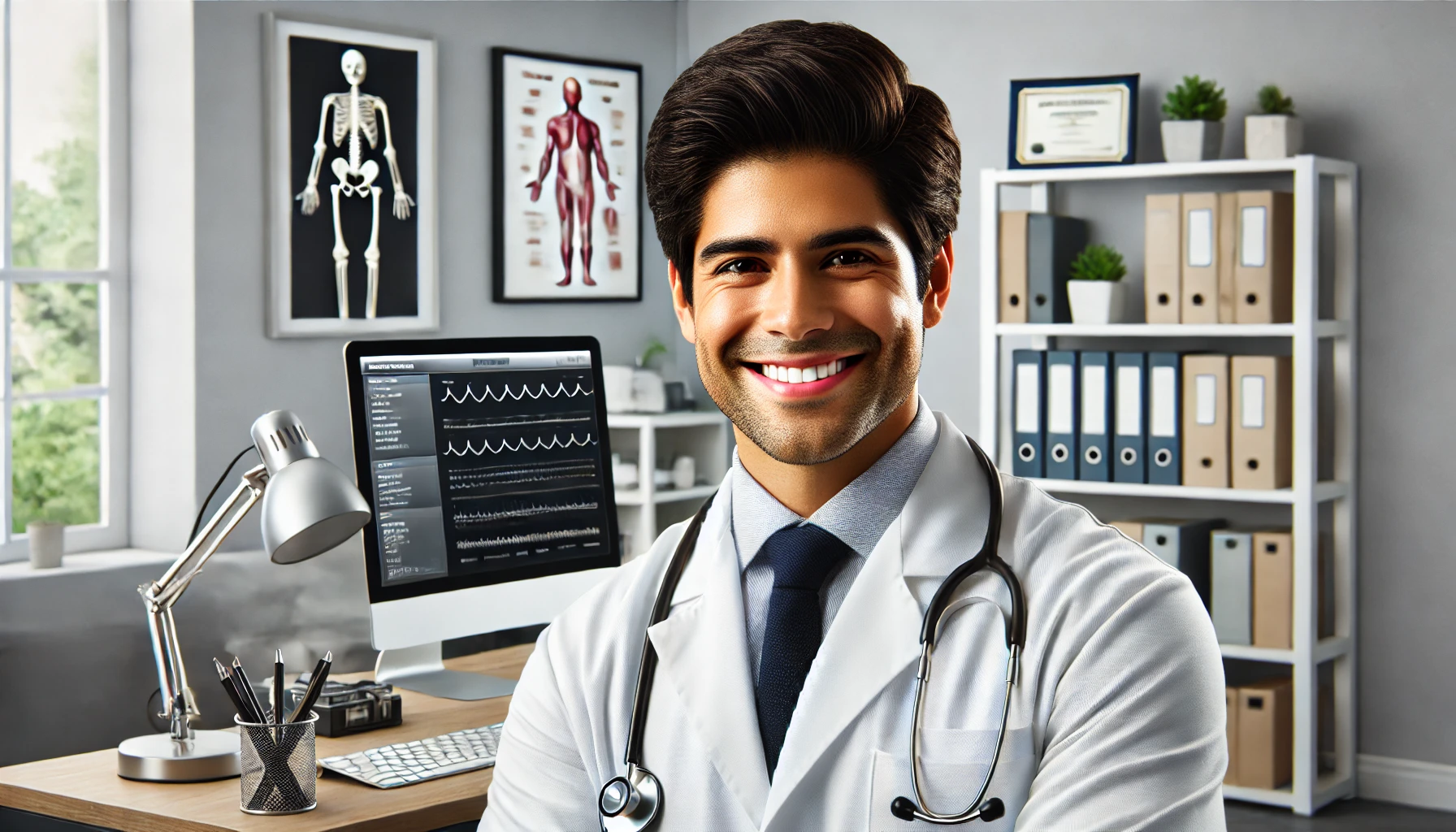 a smiling Mexican male doctor in his office. He is standing beside his desk with medical books and a computer, and certificates on the walls. The doctor is wearing a white coat and has a stethoscope around his neck.