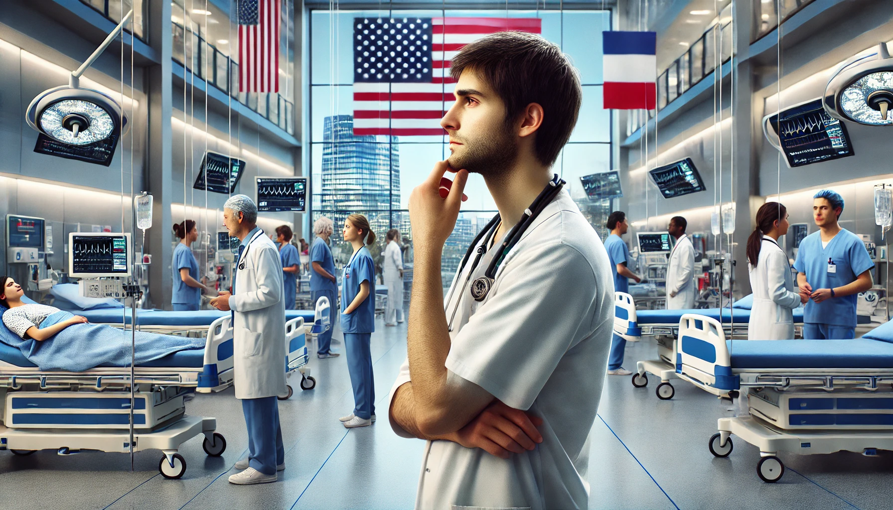 French medical student standing thoughtfully in a modern, high-tech American hospital. The environment reflects the bustling and diverse nature of the American healthcare system, with medical staff and patients from various cultural backgrounds in the background.
