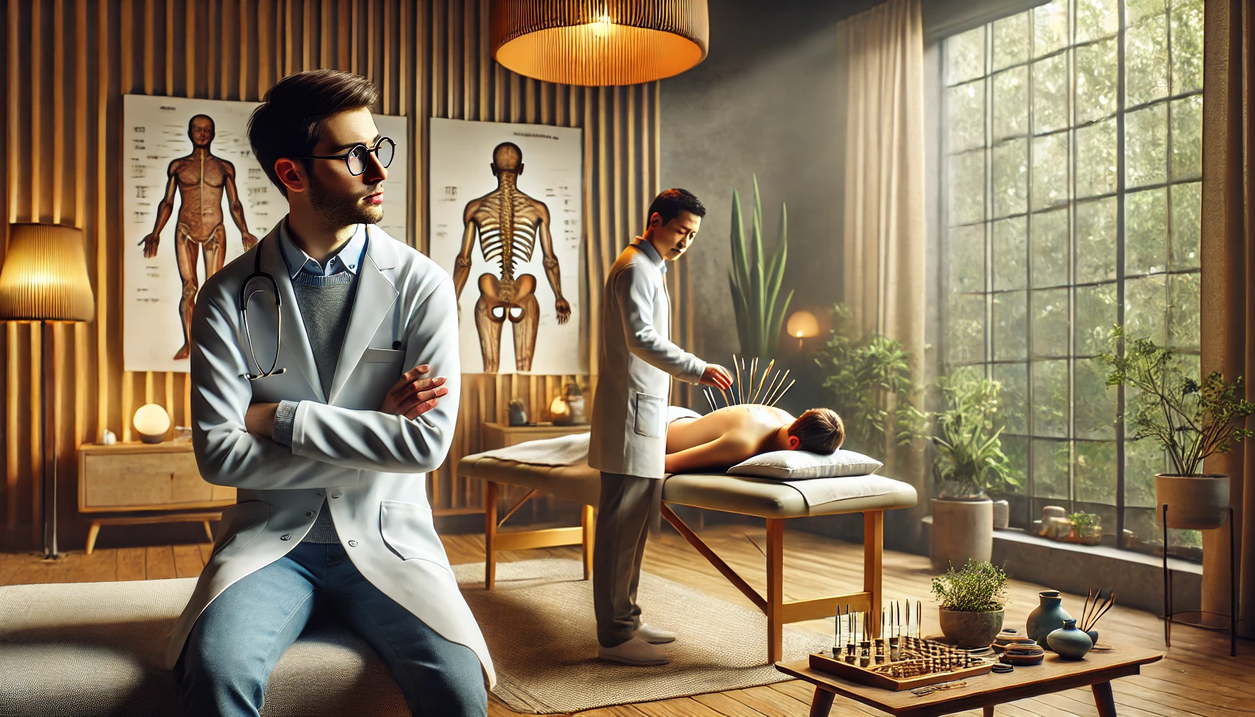 French medical student observing a holistic health practice session in a serene, alternative medicine clinic in the United States.