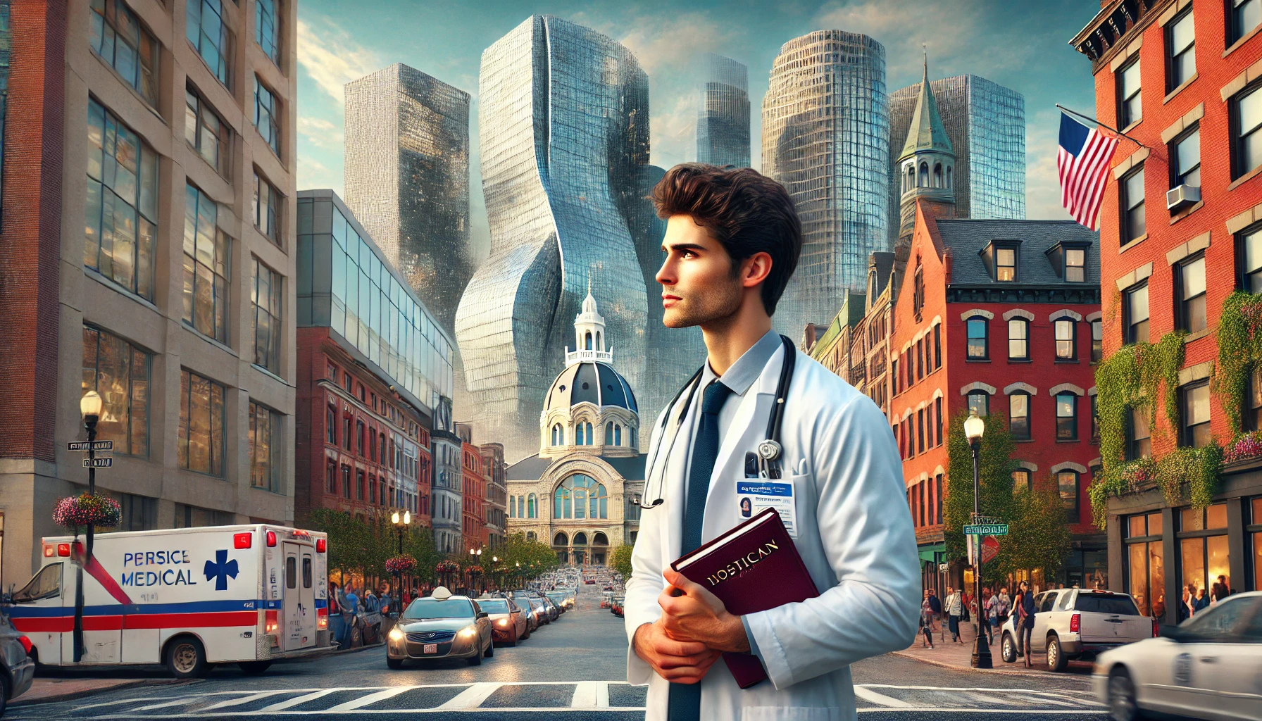 French medical student standing on a bustling street in Boston with modern American hospitals in the background.