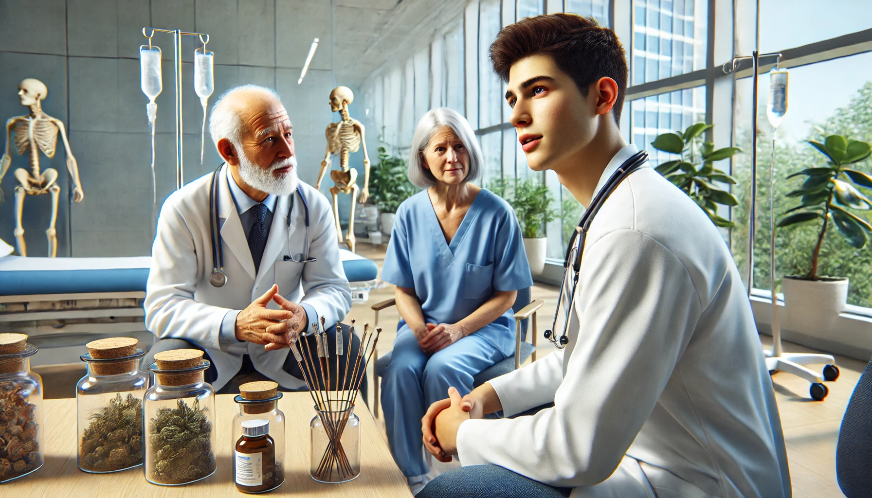 French medical student in a modern American hospital. The student is engaged in a discussion with a patient and a senior doctor, with both traditional medical tools and alternative health items like herbal medicine and acupuncture needles visible in the room.