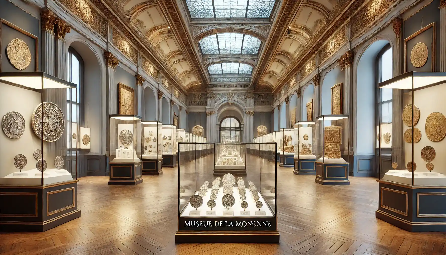 the Musée de la Monnaie in Paris, featuring a grand exhibition hall filled with ancient and modern coins displayed in glass cases. 