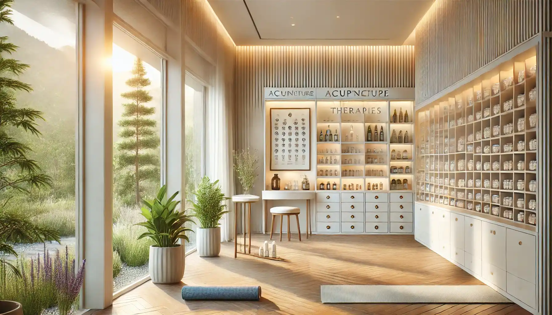 a serene wellness center offering alternative therapies in the U.S., showcasing a peaceful indoor setting with soft natural lighting, neatly arranged therapy rooms for acupuncture, yoga mats on the floor, and a corner with herbal medicine displays