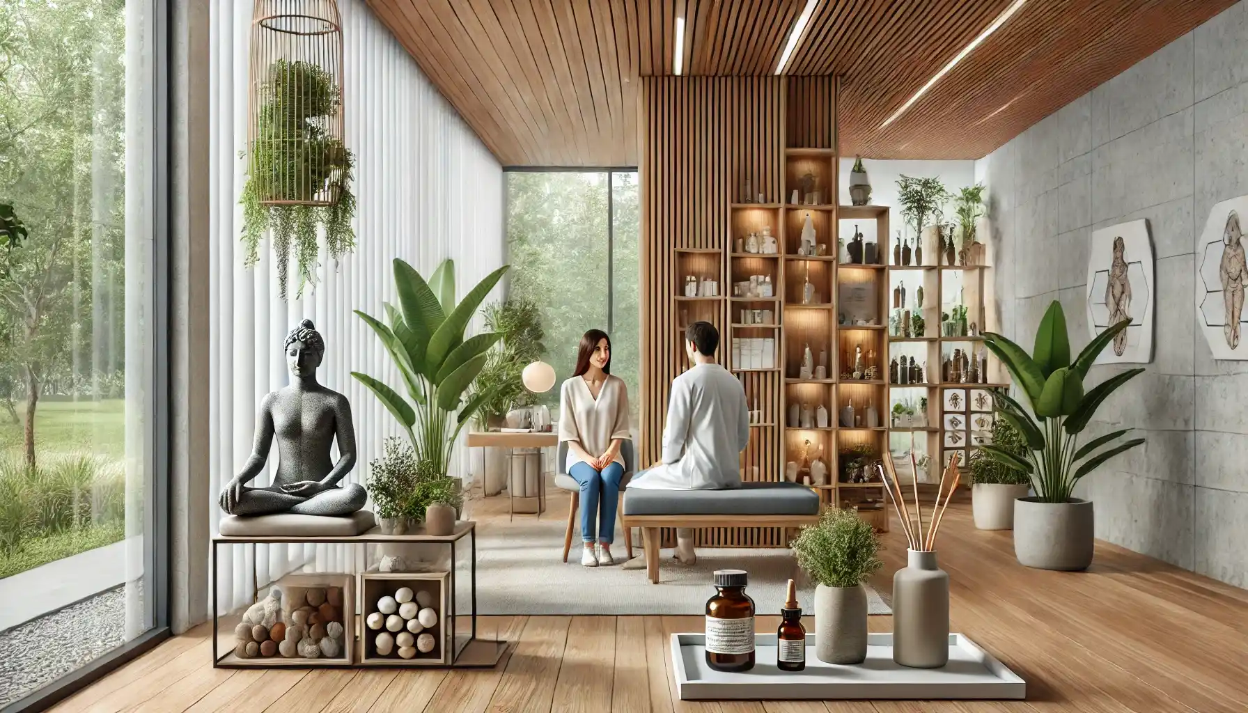 a modern wellness center with integrative health practices, offering a serene and calming environment.