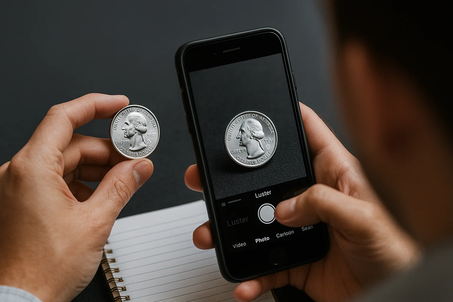 A person transfers a Bicentennial quarter into a capsule while comparing three examples side-by-side in worn, average, and near-mint condition to evaluate surface preservation.